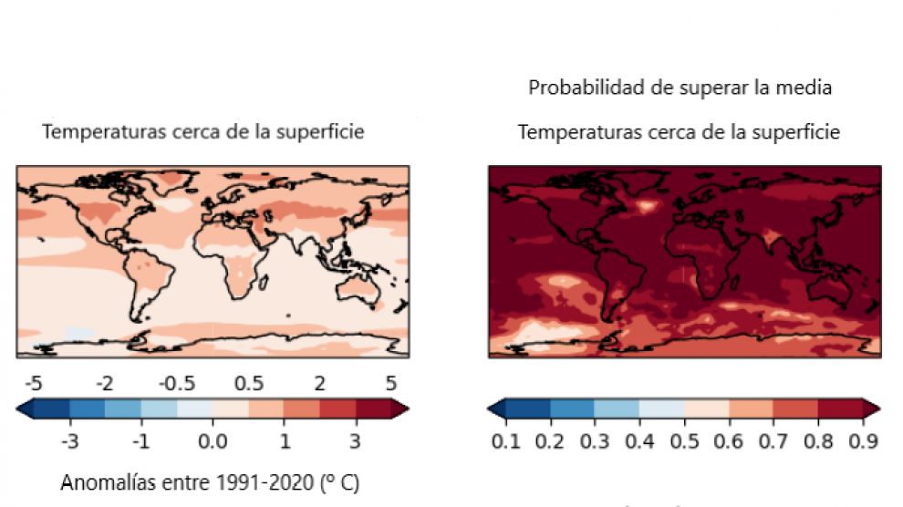 Comparativa entre la temperatura del periodo 1991-2020 y la probabilidad de superarla en los próximos cinco años (2023-2027) entre mayo y septiembre.OMM