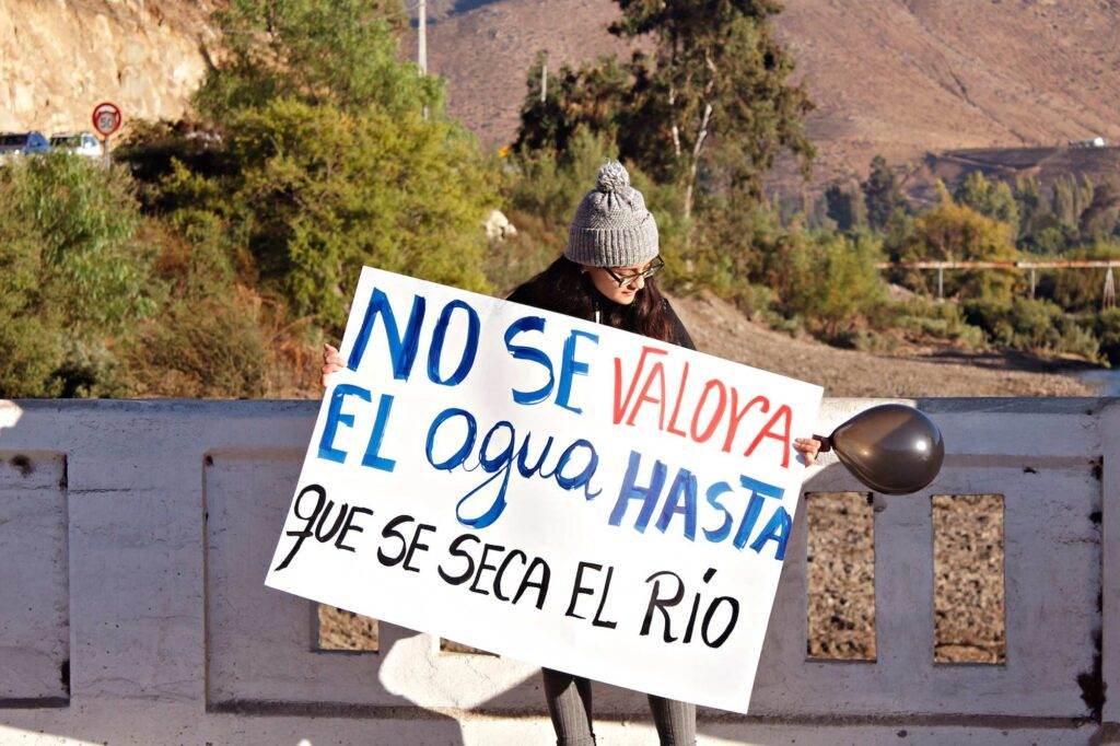 Manifestantes en Salamanca, Chile, por el uso de agua para cultivo de paltas en zonas de escasez hídrica. Foto: Pamela Olate