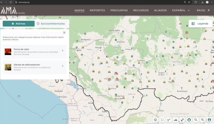 AMA La aplicación ofrece información georreferenciada sobre deforestación, quemas, incendios y otros procesos que afectan a la Amazonia. Foto: Captura de pantalla.