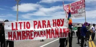 Comunidades de la zona de Salinas Grandes y Laguna de Guayatayoc, en la provincia de Jujuy, Argentina, protestan contra la extracción de litio en sus localidades. Foto: cortesía elsubmarinojujuy.com.ar