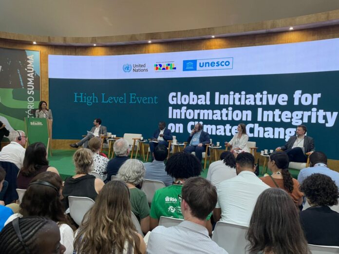 COP3O INICIATIVA DESIFNORMACION Panel de Alto Nivel de la Iniciativa Global para la Integridad de la Información sobre el Cambio Climático, impulsada por Naciones Unidas, UNESCO y el Gobierno de Brasil, durante la Conferencia COP30 en Belém.
