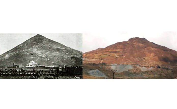 Perfil del Cerro Rico en los 70 y silueta actual del macizo potosino.