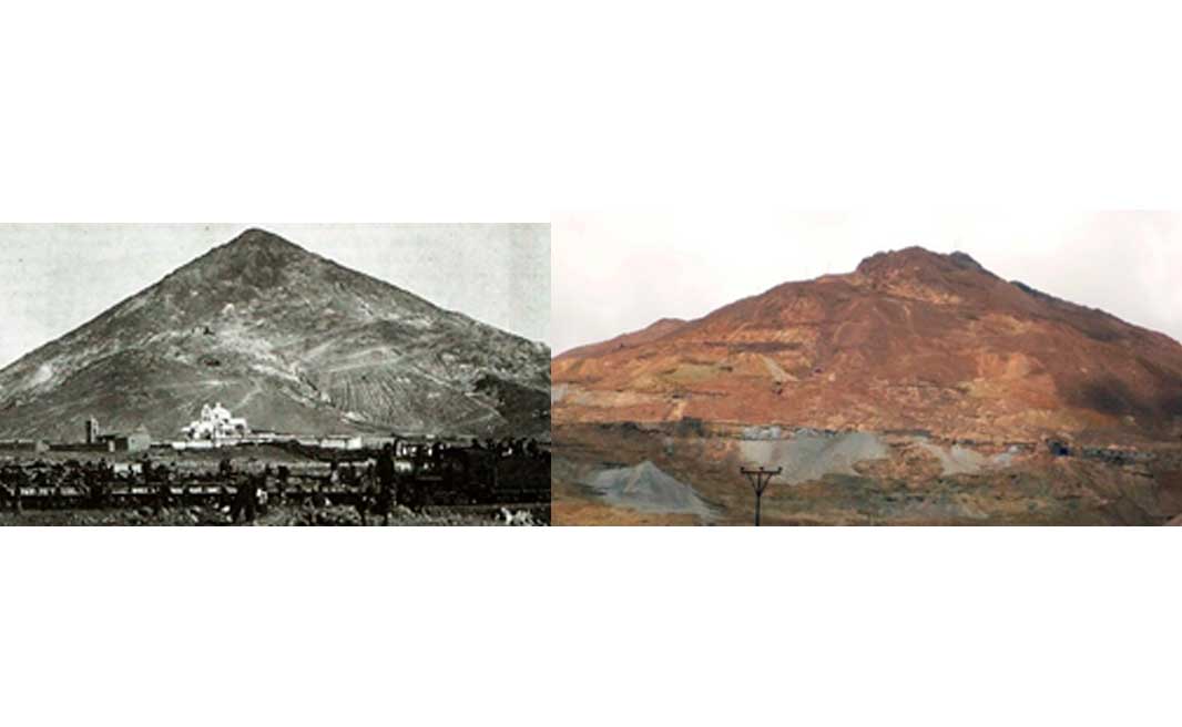 Perfil del Cerro Rico en los 70 y silueta actual del macizo potosino.