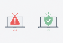 Scareware: la alerta falsa que también amenaza al turismo digital de Bolivia Laptop con una alerta de advertencia falsa junto a un ícono de escudo seguro, símbolo de protección digital.