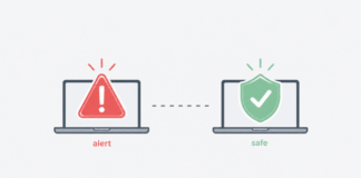 Contenido Pago|Scareware: la alerta falsa que también amenaza al turismo digital de Bolivia Laptop con una alerta de advertencia falsa junto a un ícono de escudo seguro, símbolo de protección digital.