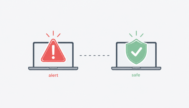scareware Laptop con una alerta de advertencia falsa junto a un ícono de escudo seguro, símbolo de protección digital.